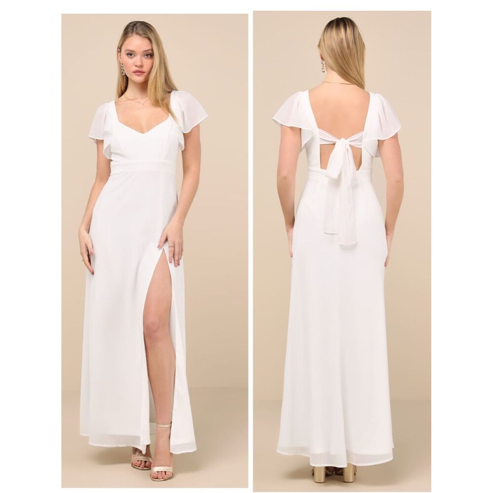 Lulus Simply Delightful White Tie-Back Flutter Sleeve Maxi Dress Size Small NWT